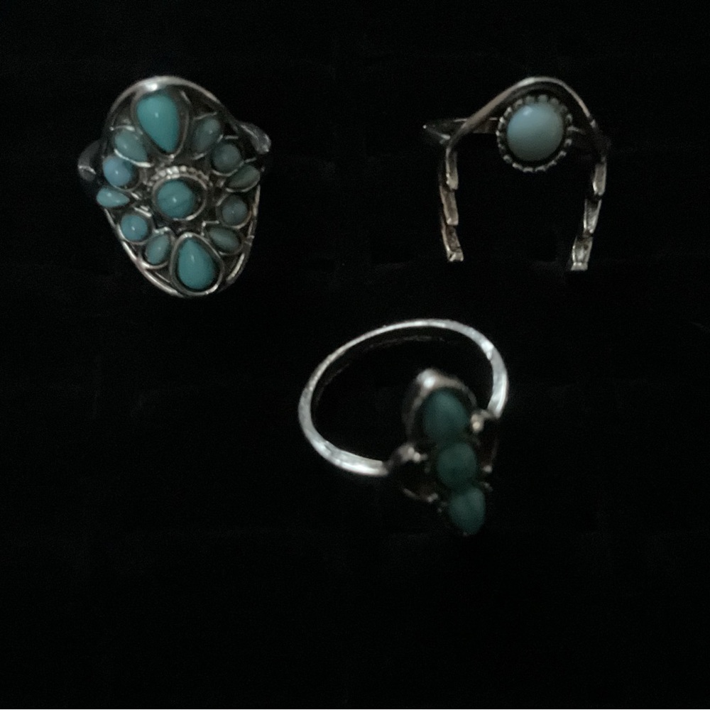 New x3 Silver Tone Rings Turquoise Inspired Trendy Fashion Ring Set Size 7 / 8 - Picture 2 of 6